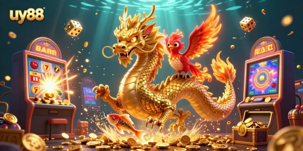 Experience excitement with uy88 as a fierce dragon, phoenix, and koi fish celebrate jackpots in a vibrant casino.