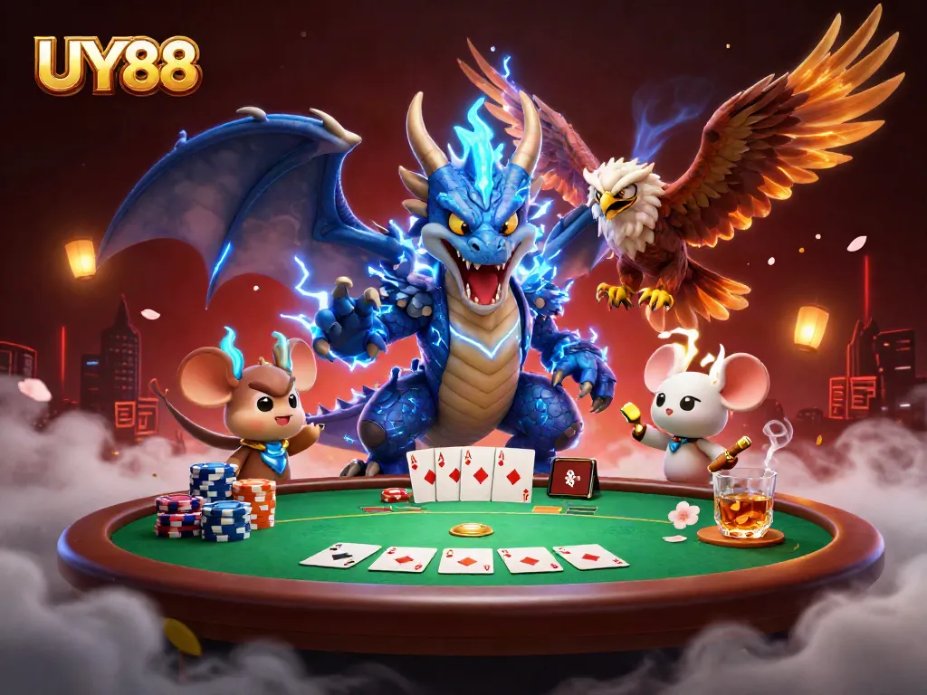 Engage with UY88's thrilling poker scene featuring a dynamic thunder dragon, hawk, and mouse.