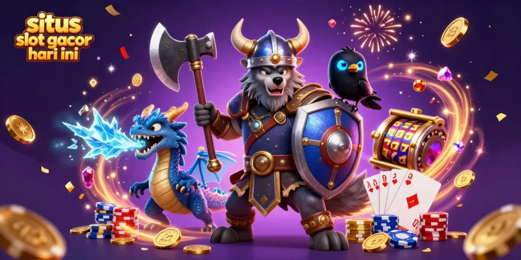 Permainan menarik di situs slot gacor hari ini, menampilkan karakter kartun dengan koin dan chip yang bersinar.