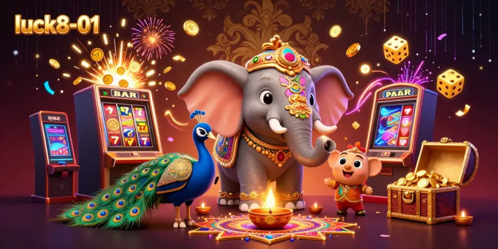 Play casino games like slots and jackpots with luck8-01 in a vibrant and colorful 3D illustration.