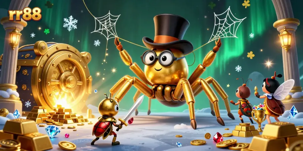 Experience the excitement of rr88 with a 3D cartoon scene featuring a golden tarantula and beetle knight.