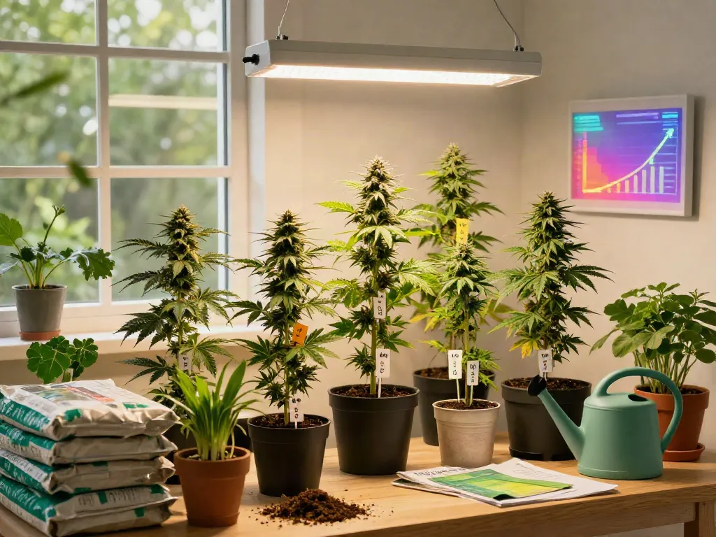 Explore autoflower varieties in a vibrant indoor garden showcasing diverse cannabis plants under LED lights.