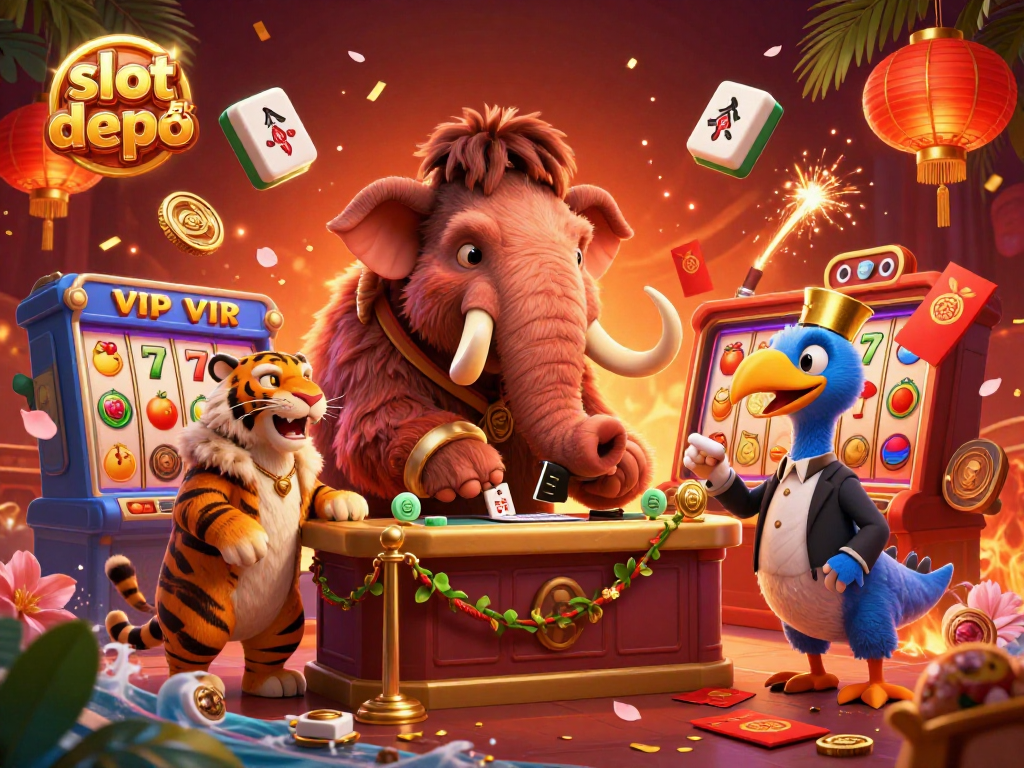 Experience thrilling gameplay with slot depo 5k as a cartoon bouncer checks IDs at the casino entrance surrounded by vibrant game elements.