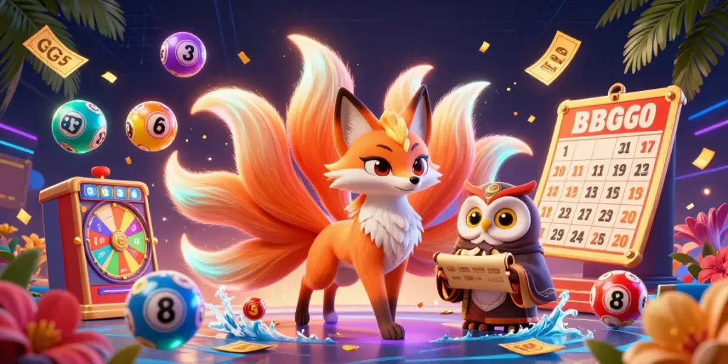 Experience the excitement of GG88 with dynamic lottery games and vibrant characters in a 3D illustration.