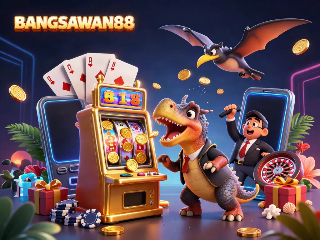 BANGSAWAN88 celebrates a jackpot win with a 3D dinosaur theme, featuring vivid casino elements.