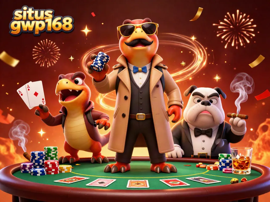 Gambarkan situs gwp168 yang unik dengan tiga raptor dalam jas mencoba memasuki kasino VIP.