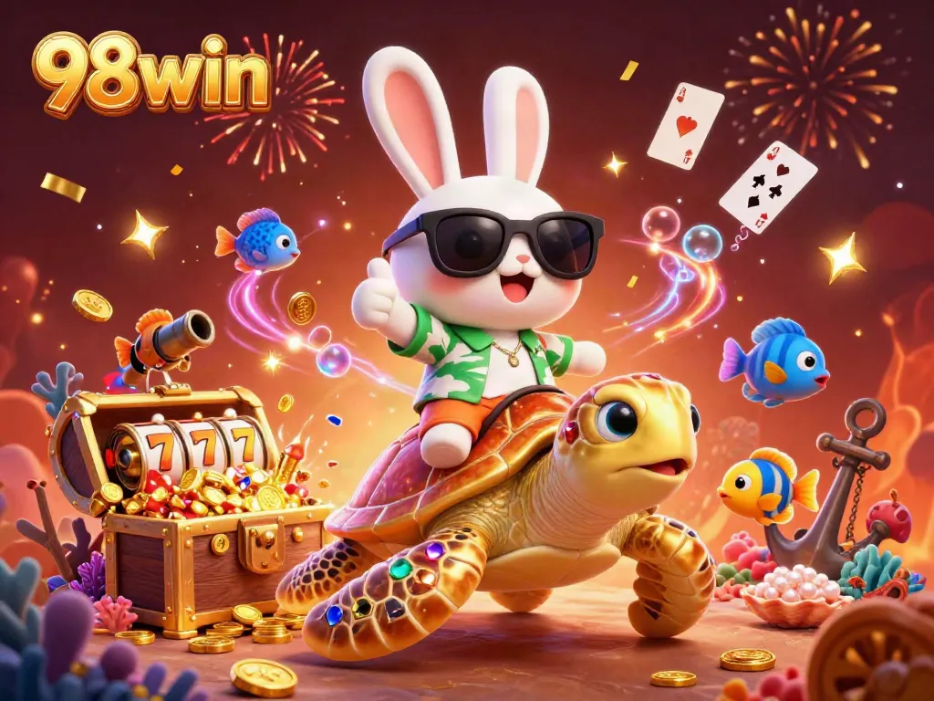 Engage in thrilling gaming at 98win with a playful illustration of a lucky rabbit and golden sea turtle.