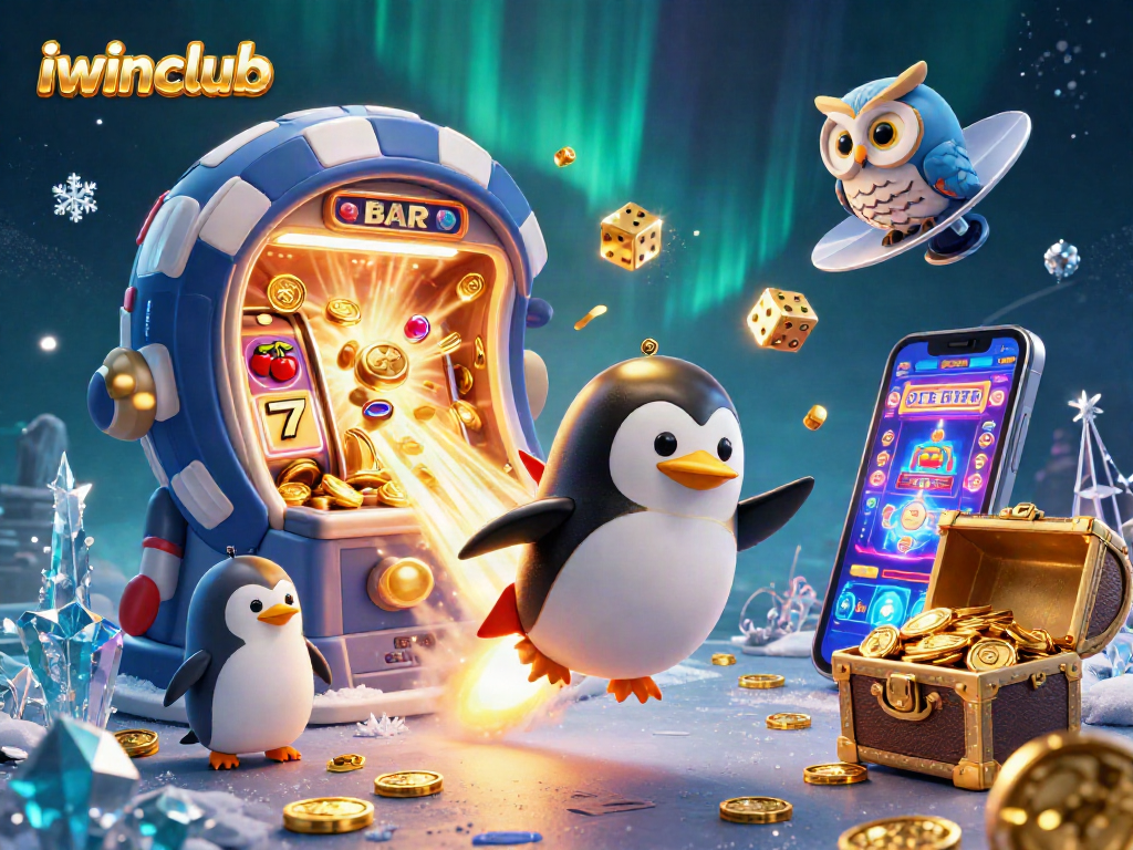 Engage in thrilling gaming adventures with iwinclub, featuring a dazzling penguin and jackpot celebrations.