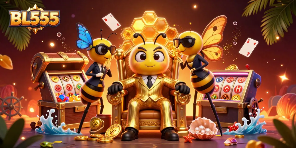 Engage with BL555's thrilling casino experience featuring cartoon characters collecting treasures and playing slots.