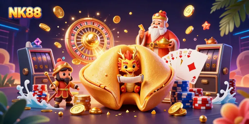 Experience excitement at NK88 with a dynamic casino scene featuring spinning roulette wheels and flying coins.