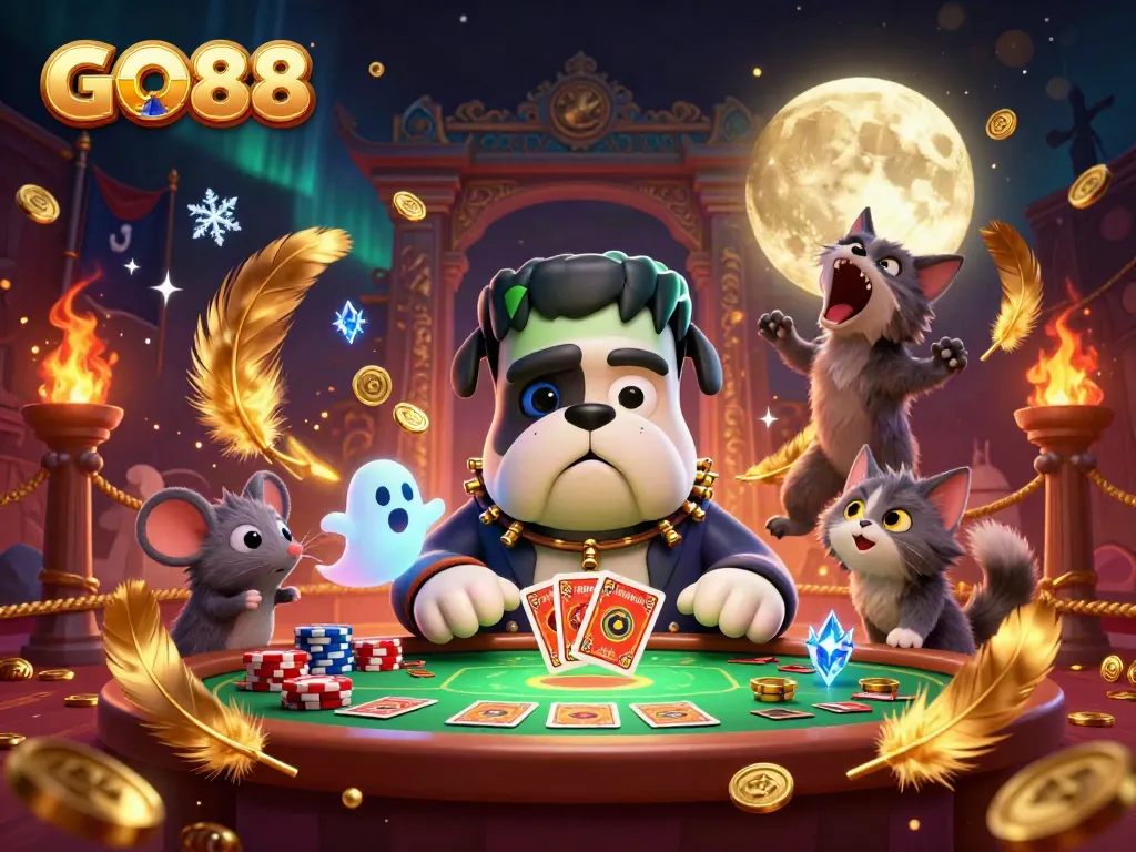Experience thrilling GO88 adventures with a spooky casino scene featuring vibrant characters and dynamic elements.