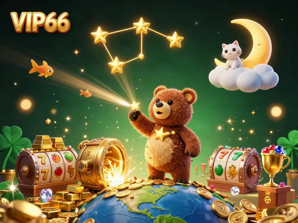 Engage with VIP66's vibrant gaming scene as a constellation bear scoops coins under a starry night.