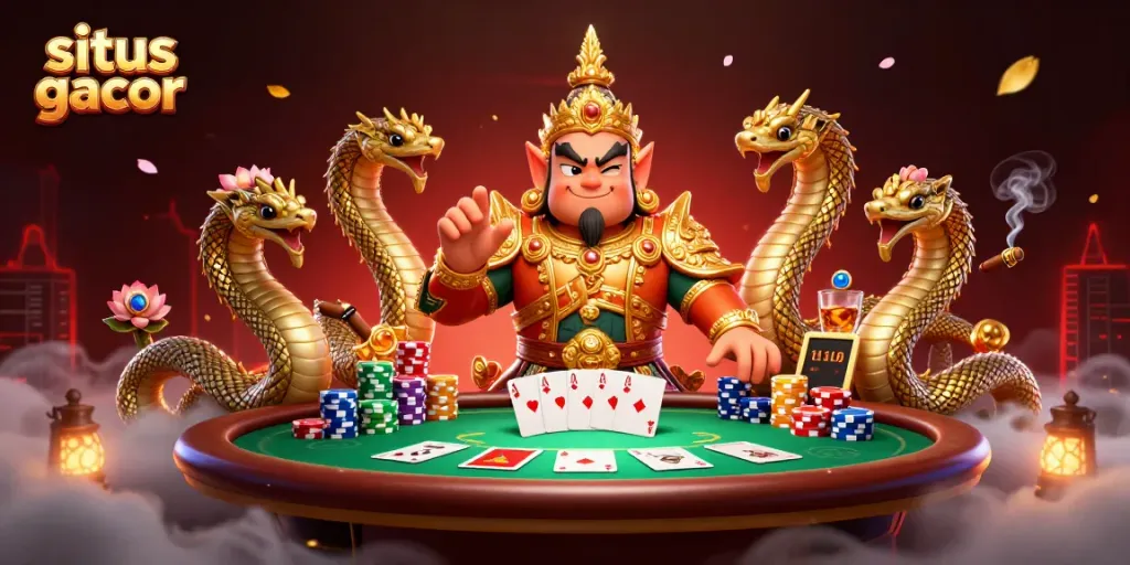 Permainan poker menarik di situs gacor dengan penjaga kuil Thailand dan naga.