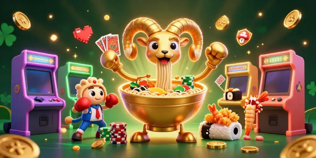 Engaging sbobet-themed casino illustration with a golden ramen bowl character at its center.