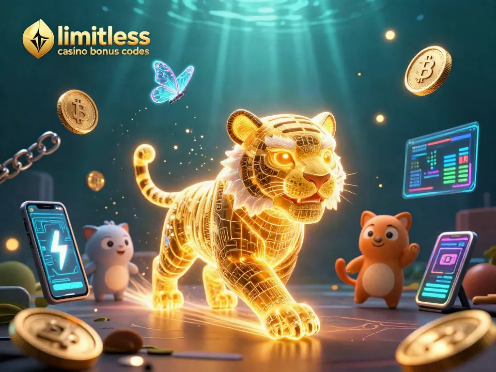 Explore limitless casino bonus codes with dynamic 3D visuals of crypto elements and vibrant casino themes.