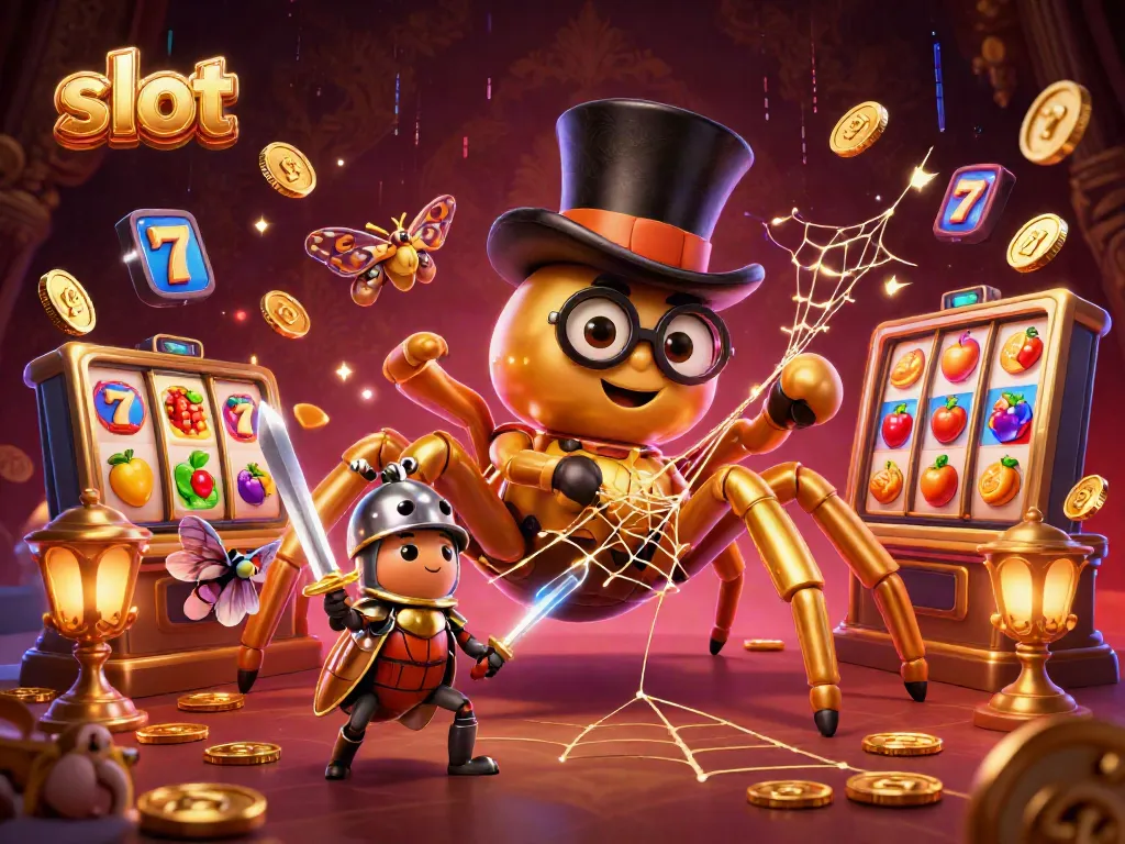 Slot dengan simbol jackpot dan karakter 3D menarik dalam ilustrasi Kasino yang cerah.