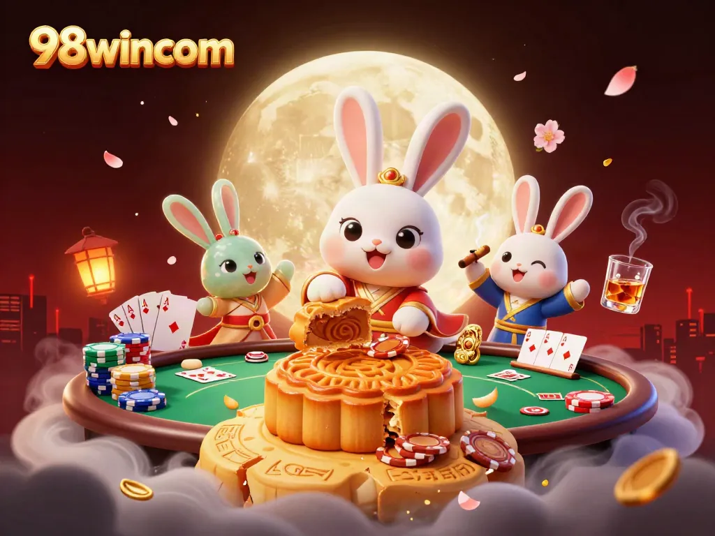 Engage with 98wincom's vibrant 3D illustration showcasing a moon rabbit amidst poker chips.