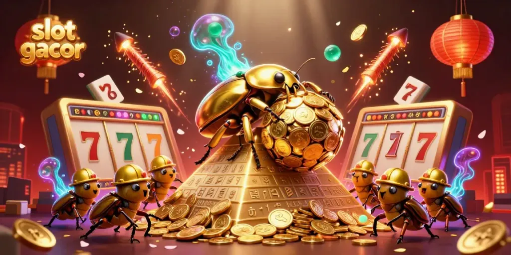 Engage with slot gacor moments featuring a golden beetle rolling coins and vibrant casino elements.