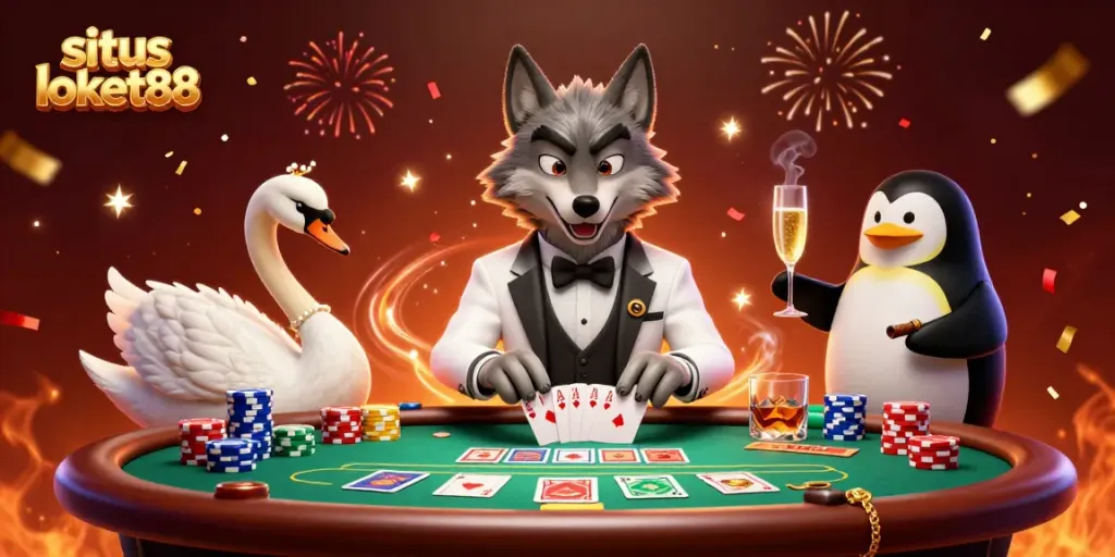 Engage with situs loket88 in a vibrant 3D casino scene featuring a stylish wolf, elegant swan, and sophisticated penguin.