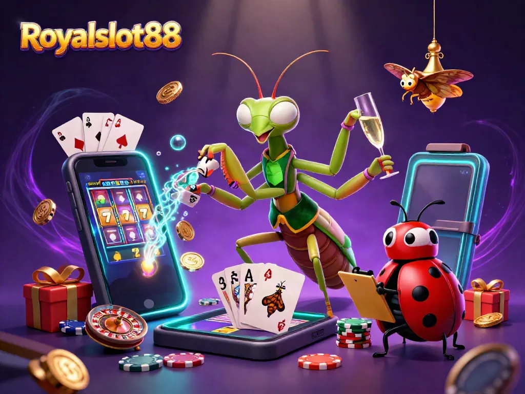 Gambaran visual dari Royalslot88 dengan karakter mantis dan ladybug di kasino yang penuh warna.