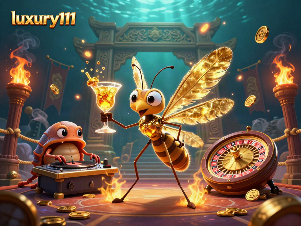 Experience luxury111 with an animated casino scene featuring unique characters and vibrant gambling elements.