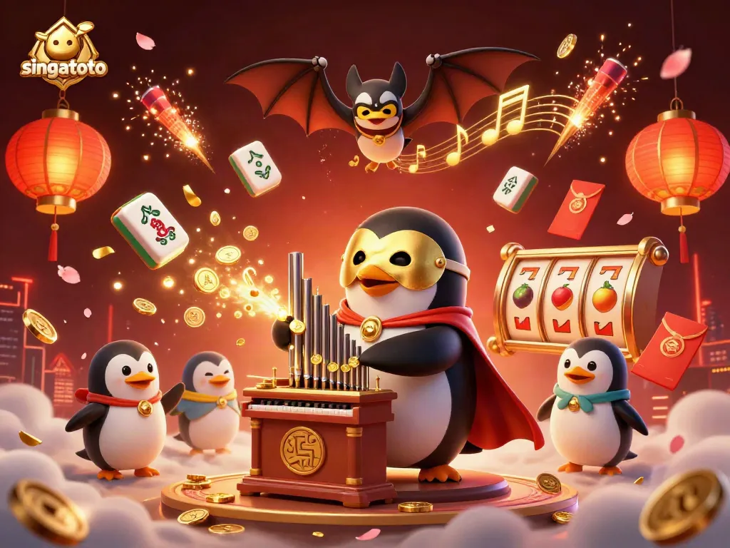 Singatoto showcases a lively scene with a penguin organist amidst slot reels and festive elements.