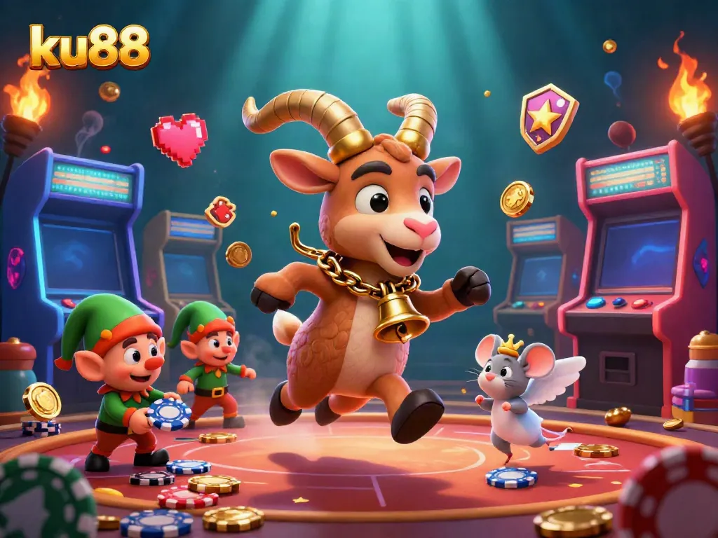 Join the lively ku88 casino scene with mischievous gremlins stealing poker chips while an angel mouse keeps order, showcasing colorful gaming elements.