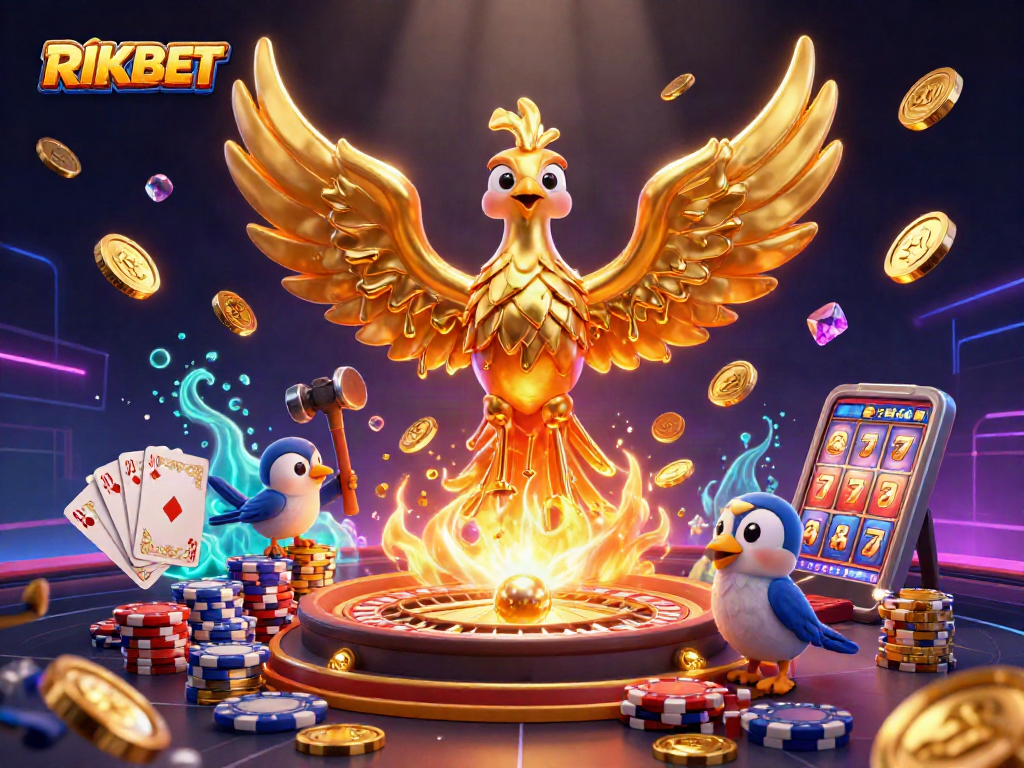 Engage with RIKBET's thrilling 3D casino scene featuring a golden phoenix and vibrant gaming elements.