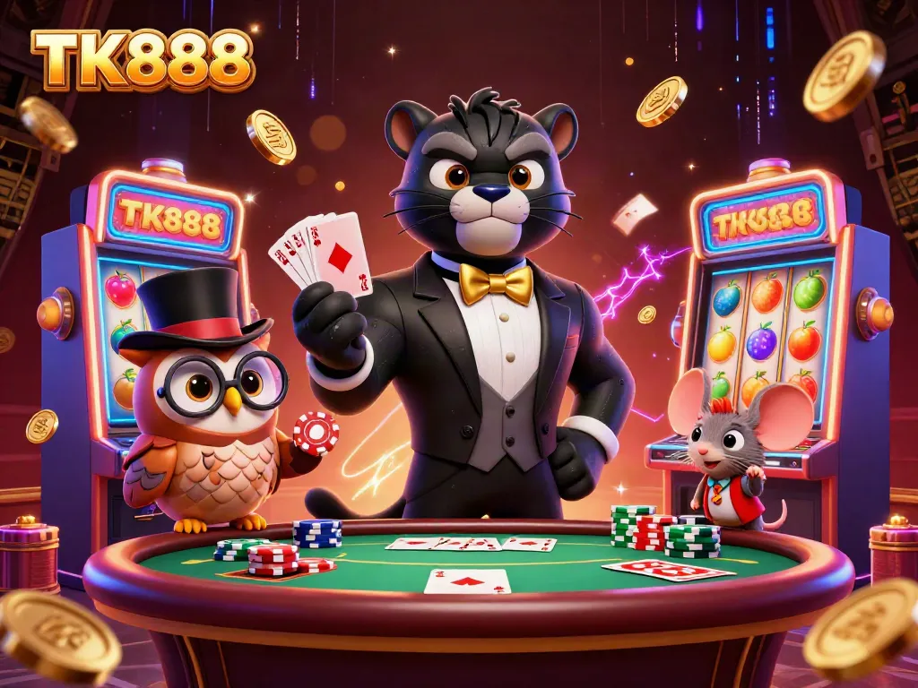 Experience thrilling card deals at TK888 with a stylish panther, owl, and lucky mouse in this vibrant casino scene.