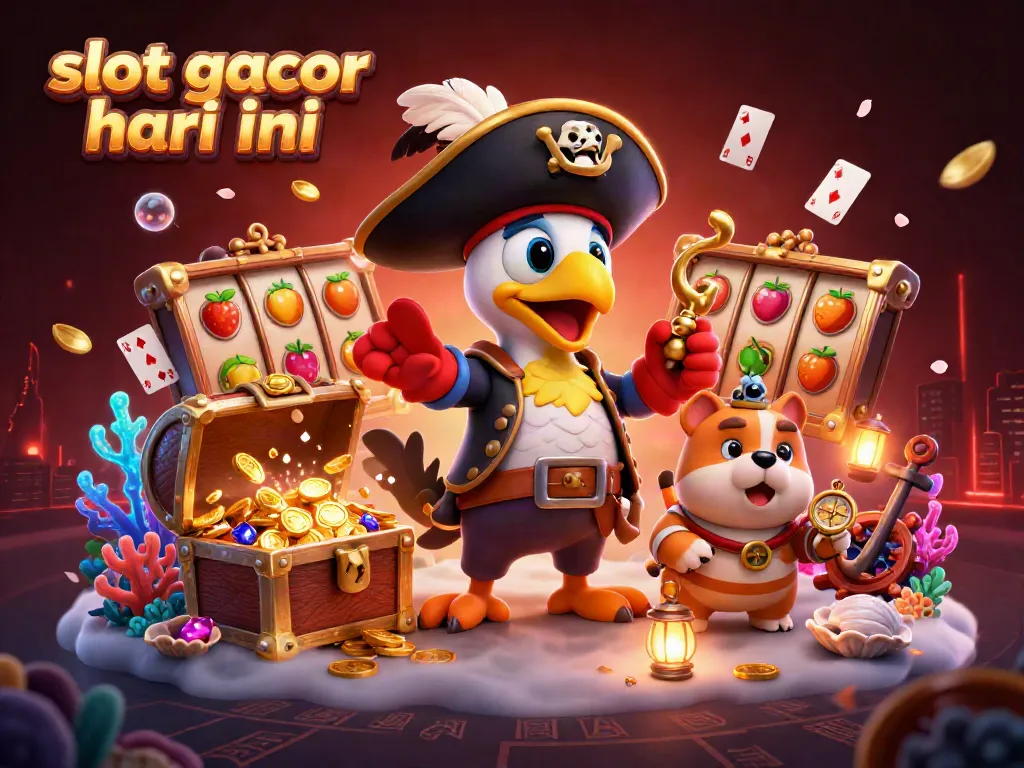 Experience thrilling wins with this vibrant illustration of slot gacor hari ini, featuring playful cartoon characters and casino elements.