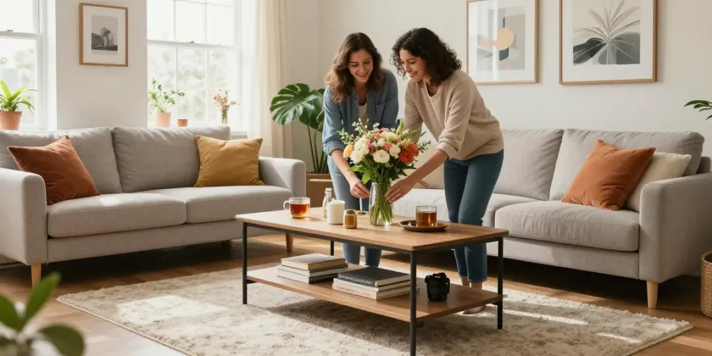 Home The Spruce stylish living room with modern sofa table and natural light