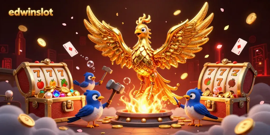 Experience the thrill of edwinslot with a golden phoenix, dynamic slot reels, and vibrant treasures.