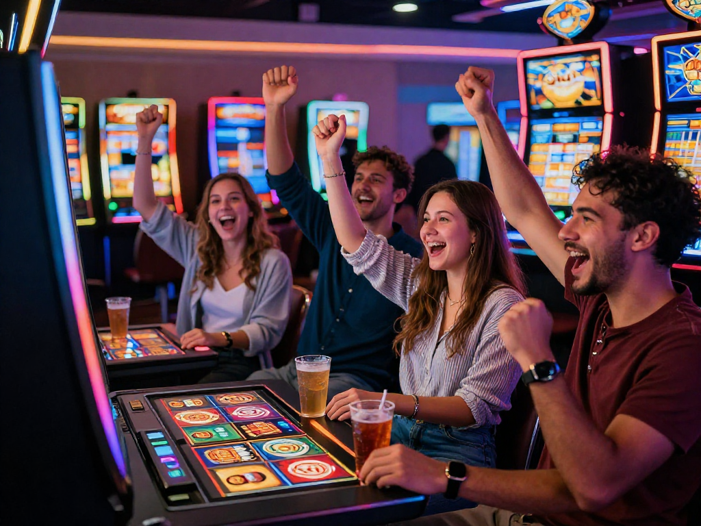 Teman merayakan kemenangan di mesin slot7000 di kasino yang ramai, dengan cahaya berwarna-warni dan suasana yang penuh semangat.