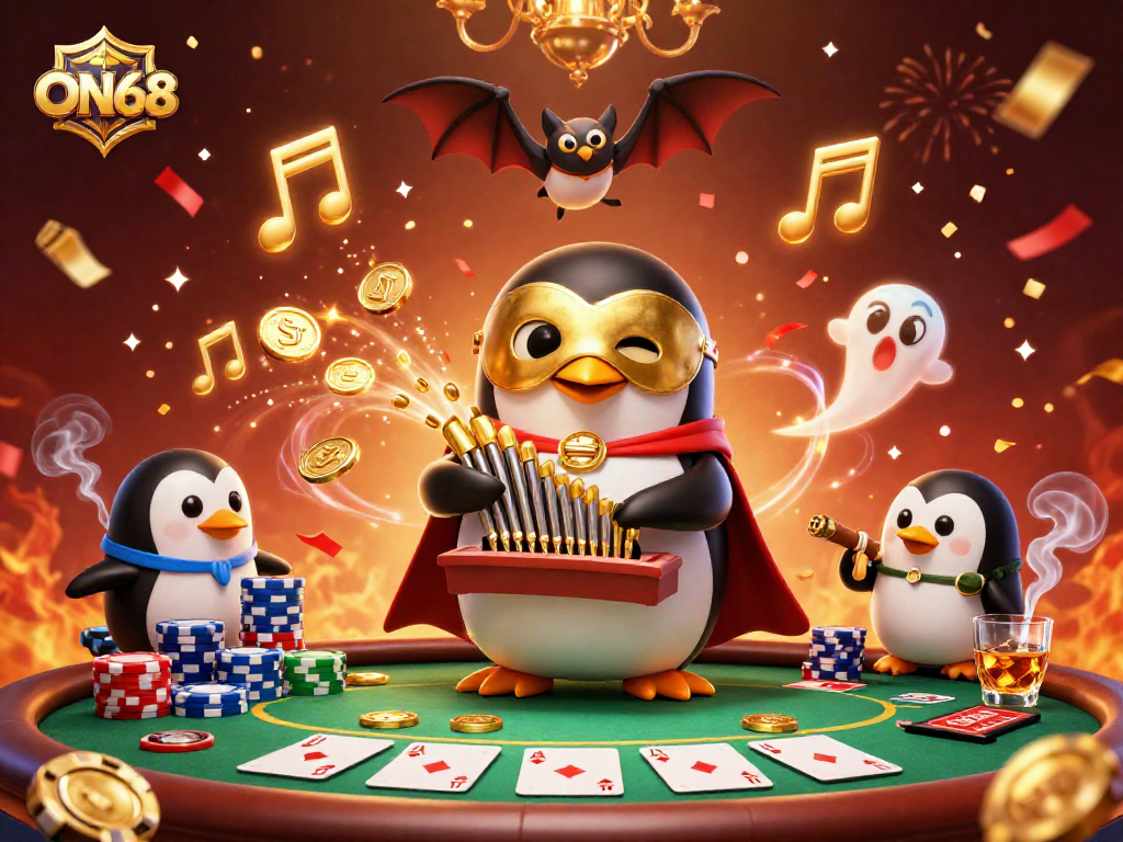 Engage with ON68's spectacular gaming scene featuring a whimsical casino setup with singing penguins and poker elements.