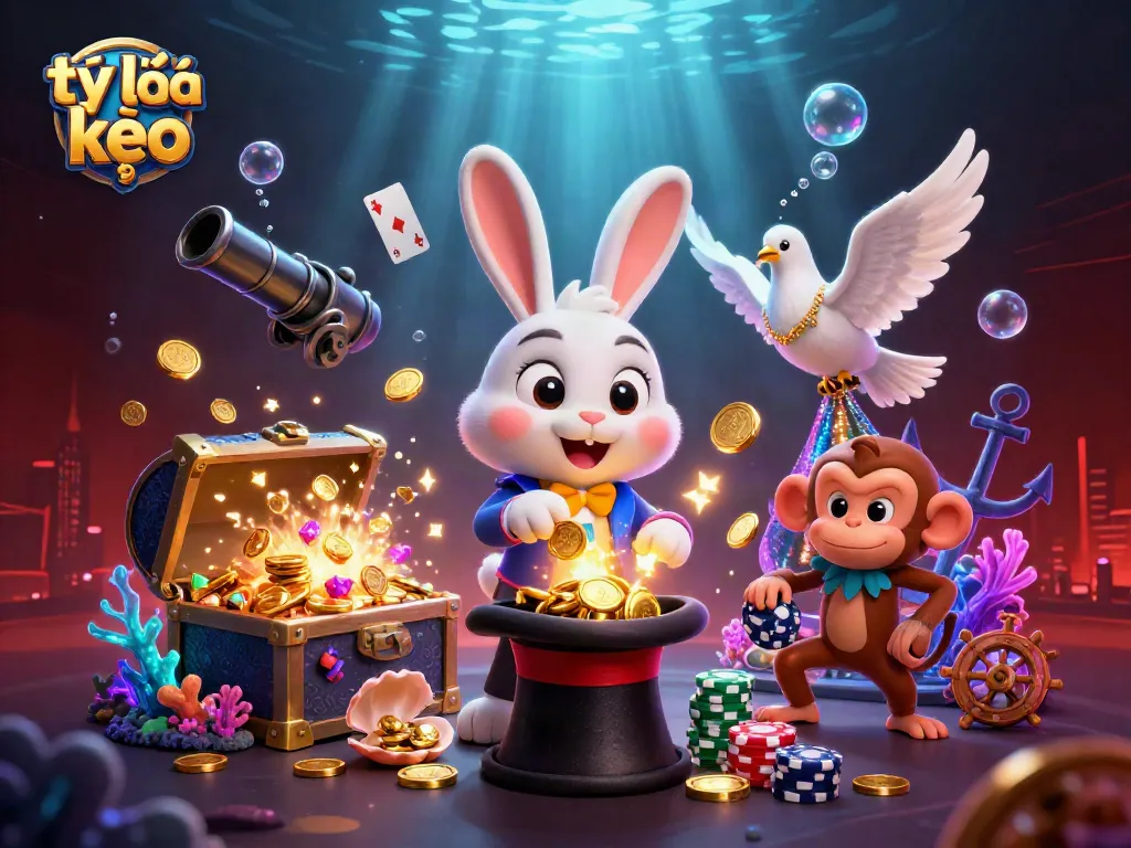 Experience the excitement of tỷ lệ kèo with a whimsical scene featuring a magician rabbit, dove, and monkey amidst vibrant gaming treasures.