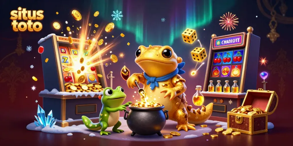 Engage with situs toto through a vibrant 3D illustration of a golden salamander alchemist creating coins amid casino visuals.