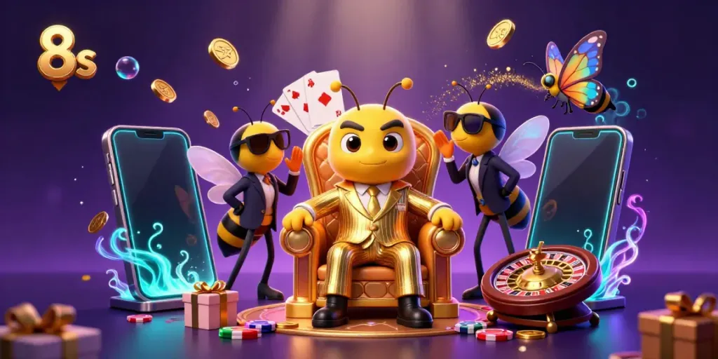 Experience the thrill of 8s in a vibrant casino universe with colorful slot games, gold coins, and engaging characters.