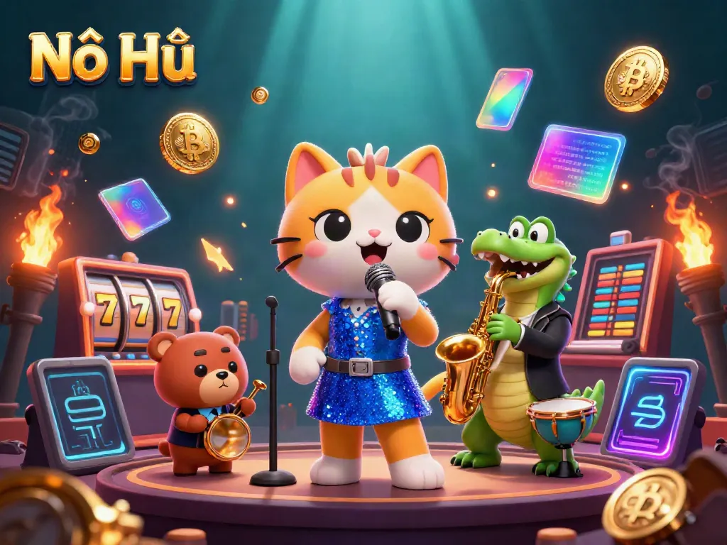 Experience the excitement of Nổ Hũ with lively casino characters and vibrant slot game elements.