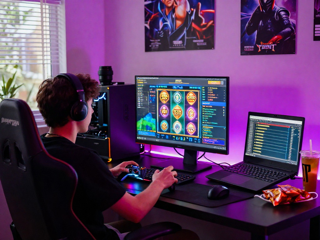 Player engaging in slot gacor games with vibrant graphics and gaming setup