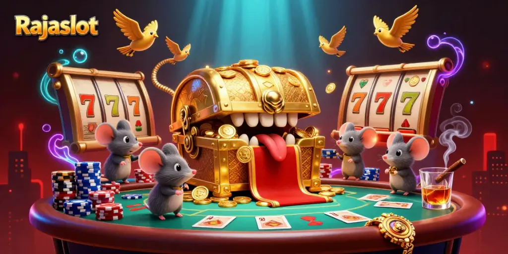Rajaslot memainkan slot pulsa Telkomsel dengan karakter kunci bercahaya dan harta karun menarik.