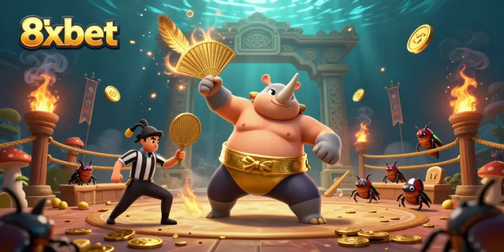 Experience excitement at 8xbet with a vibrant scene of a beetle sumo match, golden coins flying.