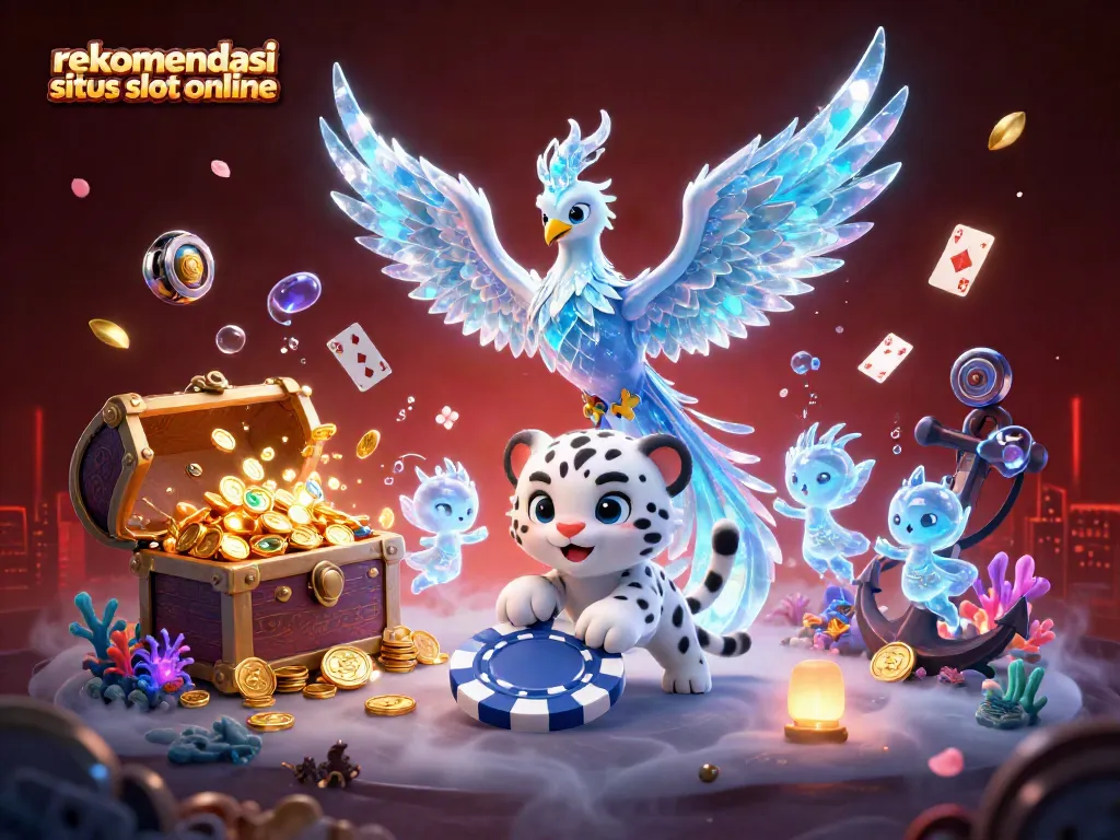 Ilustrasi 3D menampilkan rekomendasi situs slot online dengan karakter kasino dan elemen permainan yang menarik.