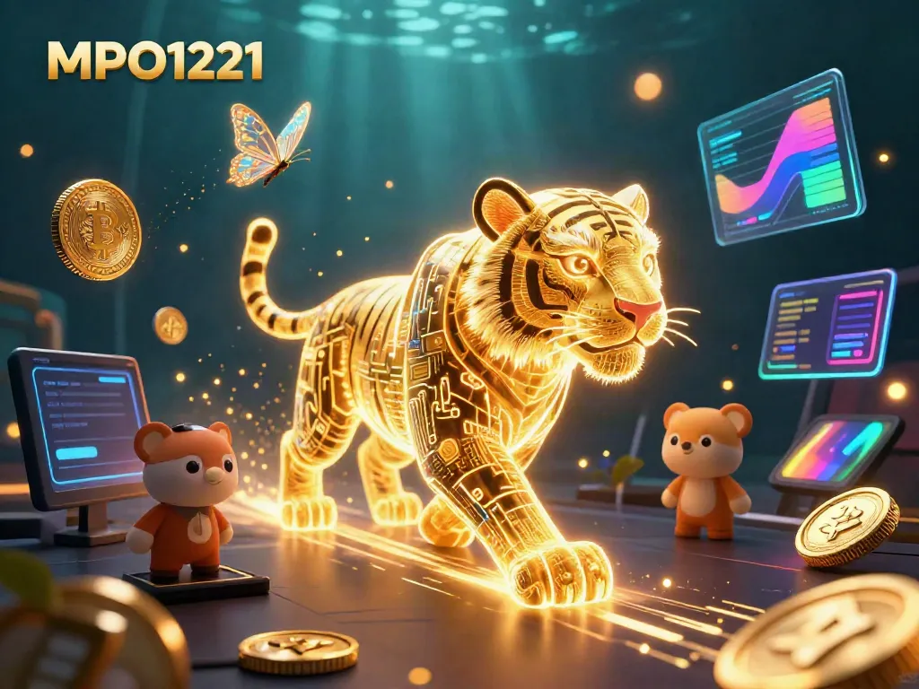 MPO1221 reveals a dynamic casino scene with a neon-wireframe tiger and cryptocurrency elements, showcasing thrilling gaming energy.