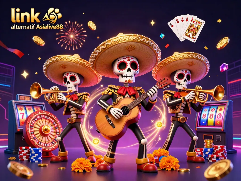 Play with exciting features at link alternatif Asialive88, illustrated with festive mariachi characters in a casino scene.