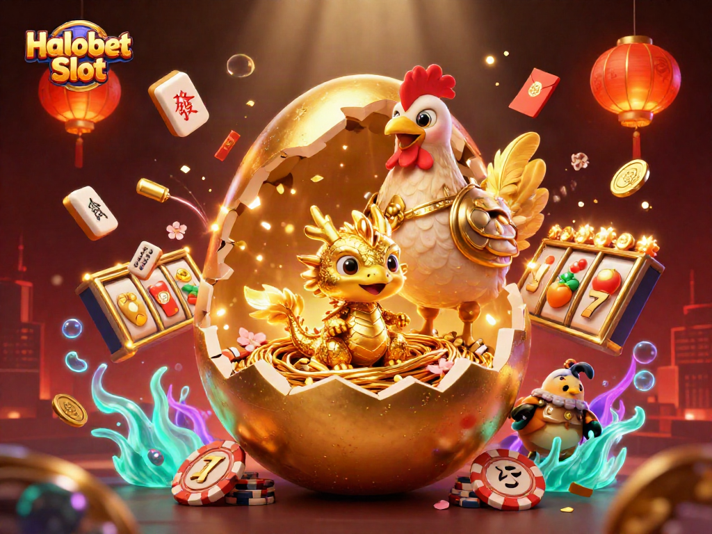 Engage with Halobet Slot’s vibrant gaming scene featuring a golden dragon on poker chips.