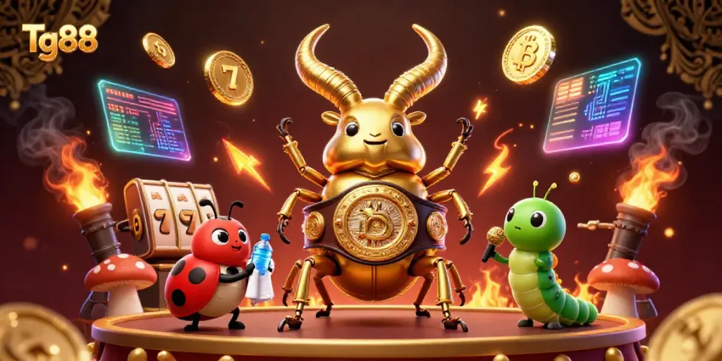 Tg88 showcases a dynamic casino scene featuring a glowing stag beetle boxing champion amidst slot machines and crypto-themed elements.
