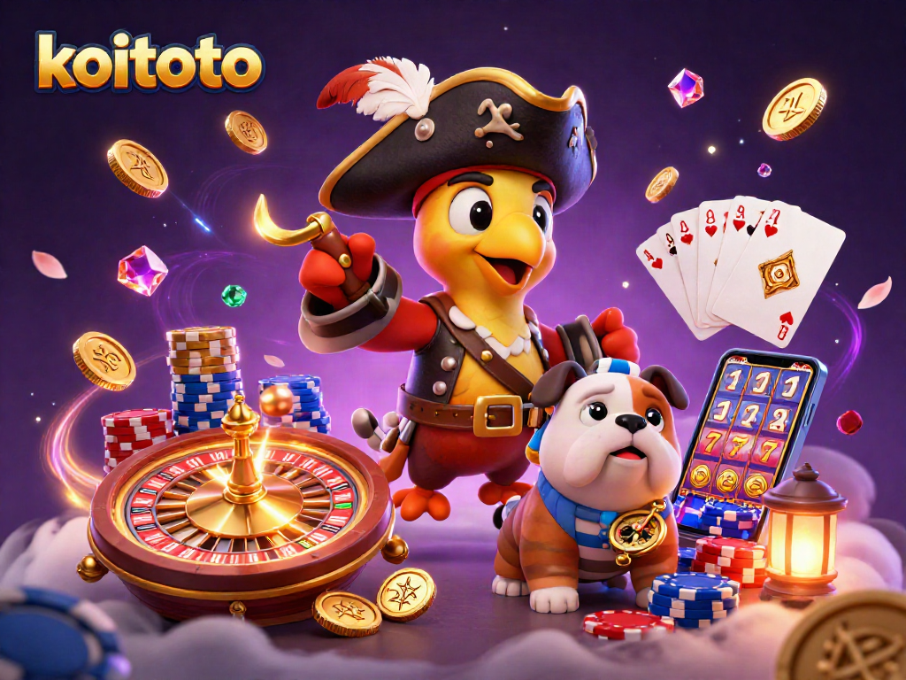 Koitoto casino game scene featuring a pirate captain parrot, bulldog, and cat with vibrant chips.