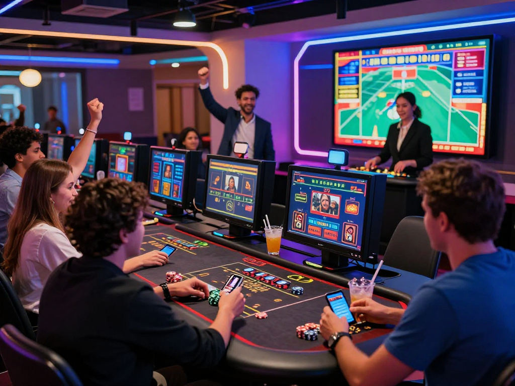 Experience online casinos that accept credit cards in a lively modern gaming atmosphere with diverse players and engaging features.