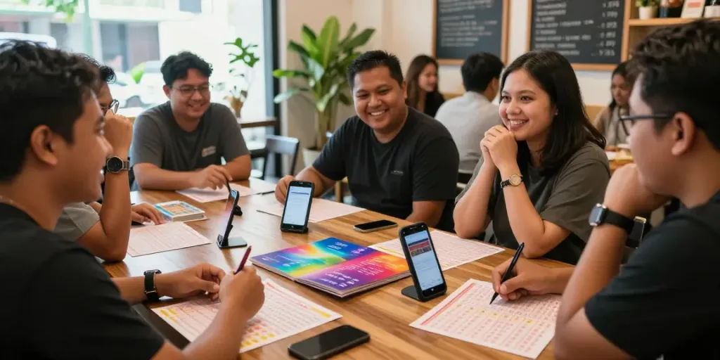Suasana diskusi komunitas tentang bukumimpi138 di kafe, dengan tips dan strategi angka togel.