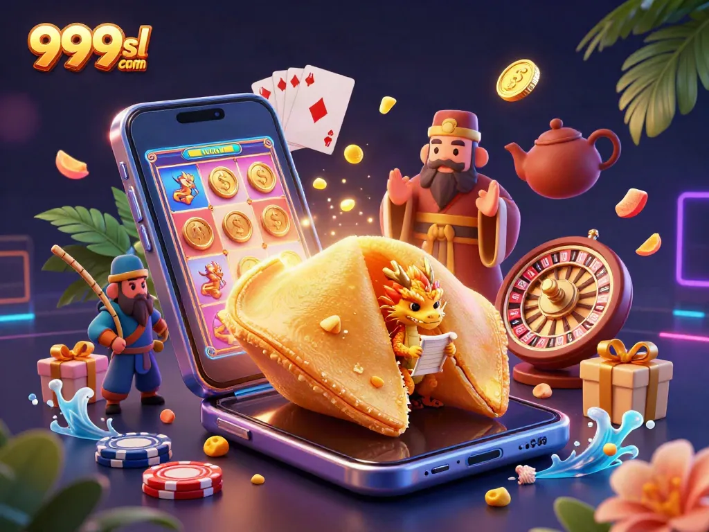 Exciting gameplay experience at 999sl com with a vibrant 3D illustration of a golden fortune cookie and dynamic casino elements.